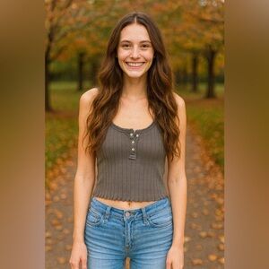 Like new! large gray America Eagle ruffled delicate demure crop tank top